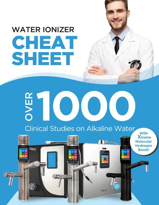 A poster with many water ionizers and a doctor.