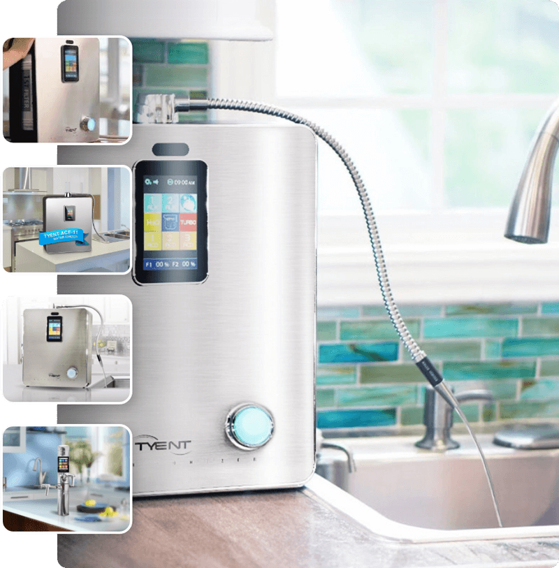 A kitchen sink with multiple images of the faucet.