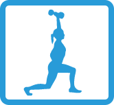 A blue and green sign with a person doing squats