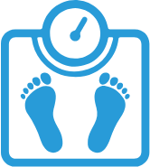 A blue icon of feet and scale on a green background