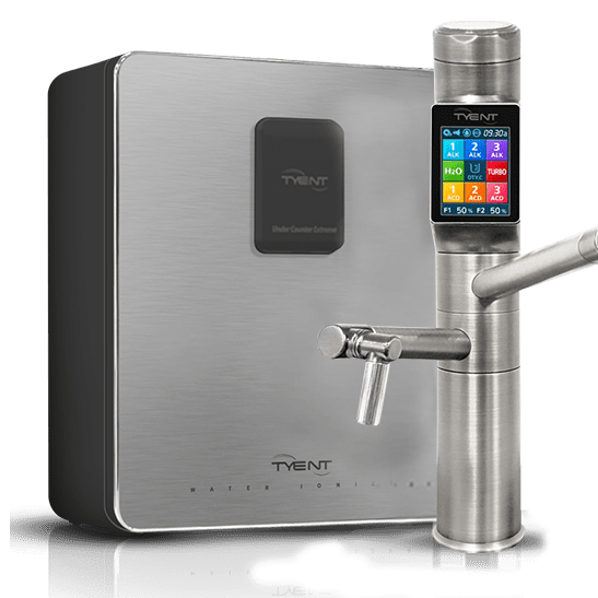 A silver water dispenser with a smart phone on top of it.