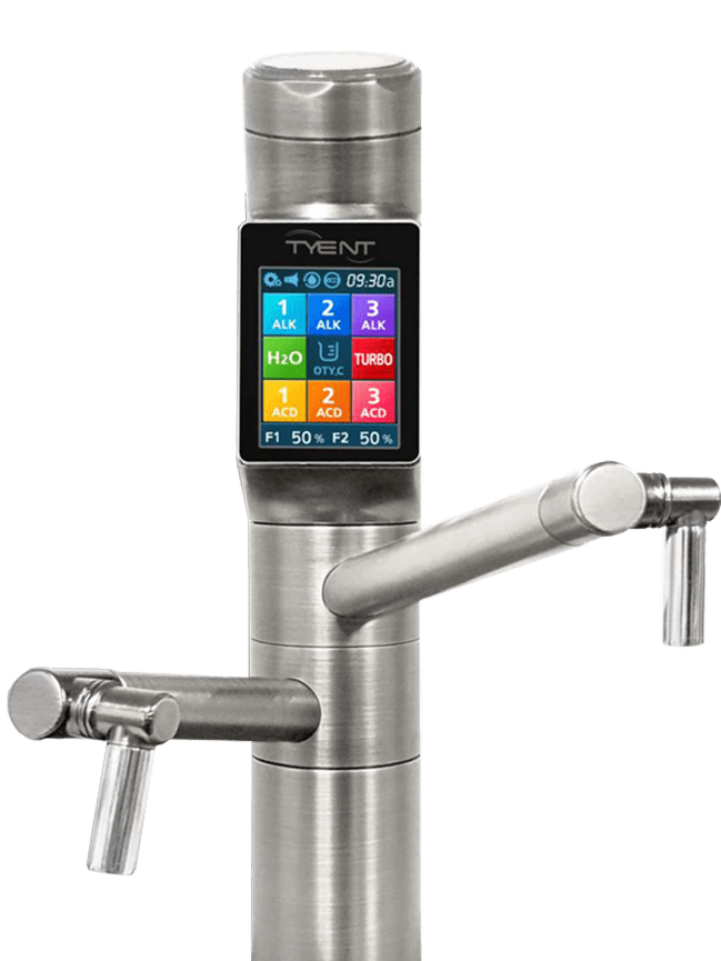 A stainless steel faucet with a digital display.