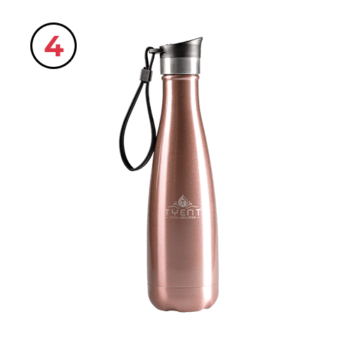 A pink water bottle with a black strap.