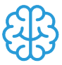 A blue and white icon of a human brain