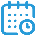 A blue icon of an open calendar with a clock.