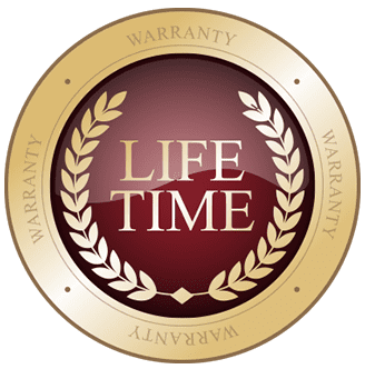 A gold and red seal that says " life time warranty ".