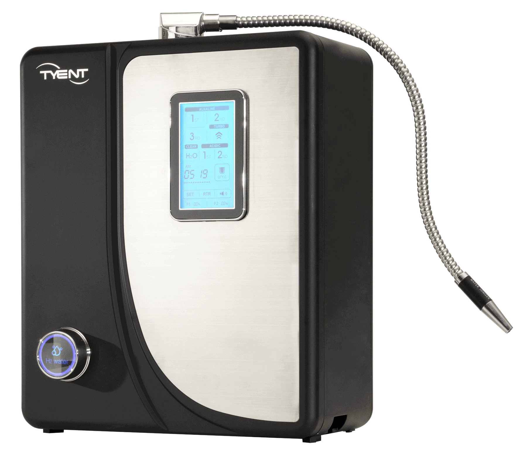 A black and silver water ionizer on a green background