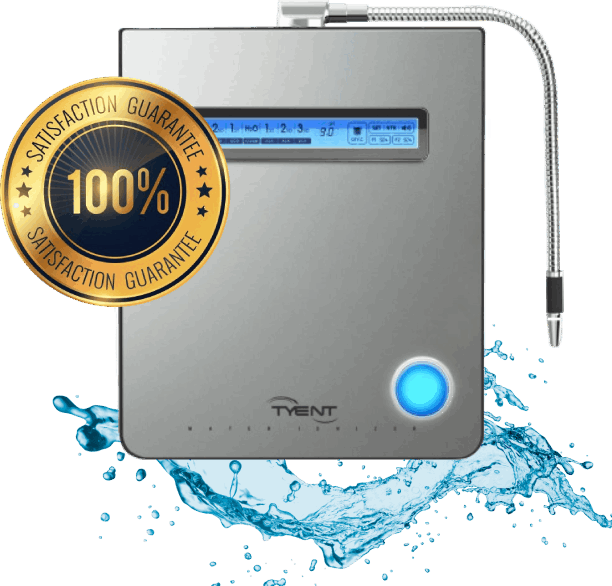 A water ionizer is shown with the words " 1 0 0 % satisfaction guarantee ".