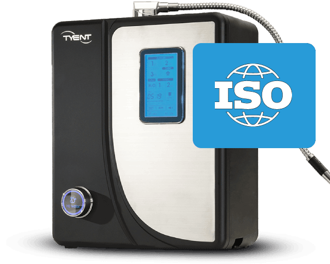 A picture of the water ionizer with an iso logo.